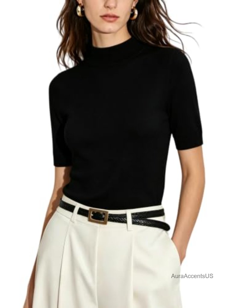 Mock Turtleneck Knit Top Short Sleeve Business Casual Lightweight Stretch